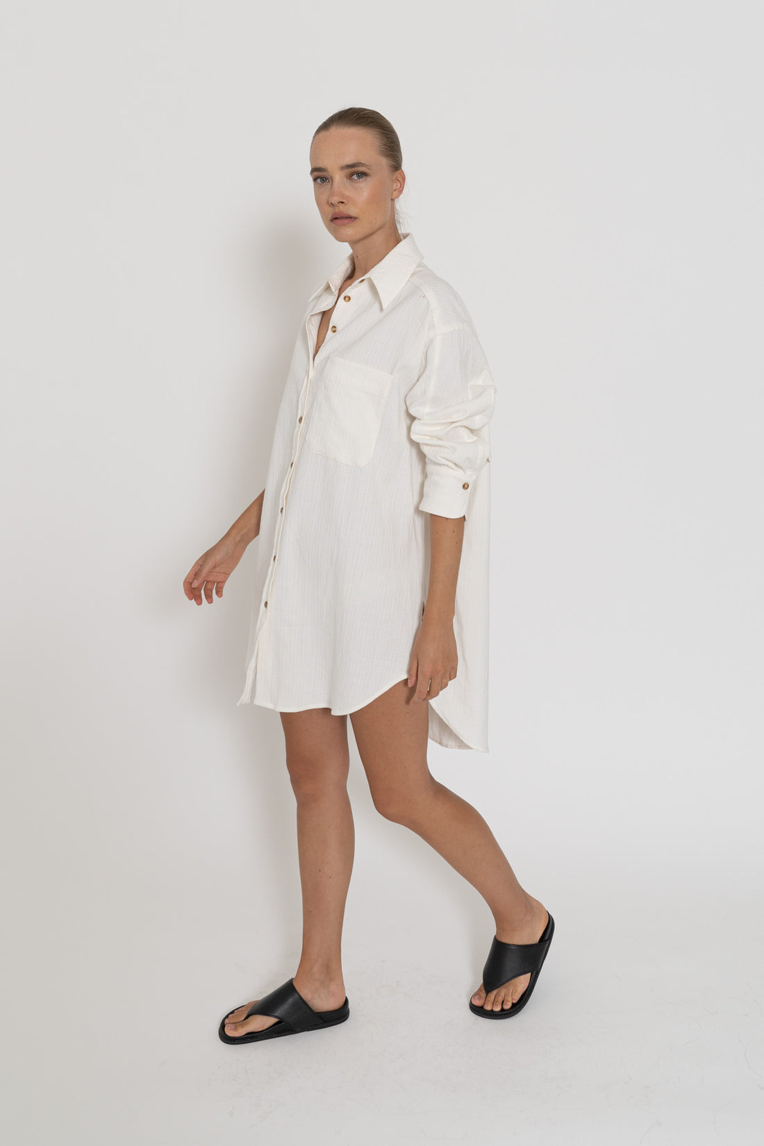 'Capri Shirt Dress'- White Cotton Slub