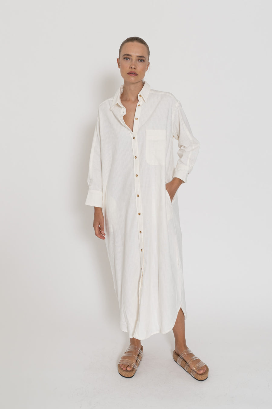 'Vacanza Shirt Dress'- White Cotton Slub